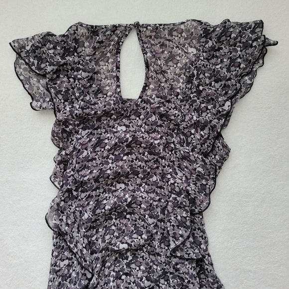 Express | Dark Floral Sheer Ruffle Top Keyhole Button EUC 2010 Women's XS - Picture 9 of 16